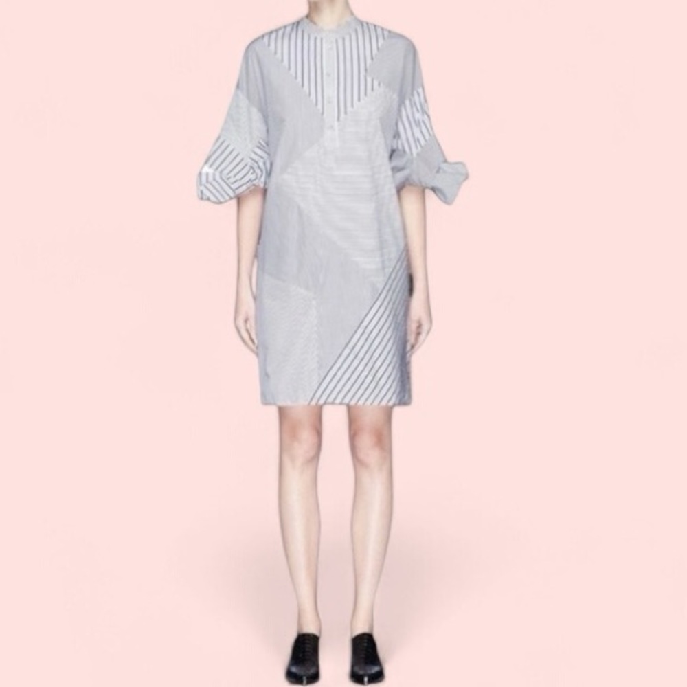 VICTORIA BECKHAM Bow Sleeve Stripe Patchwork Cotton Shirt Dress